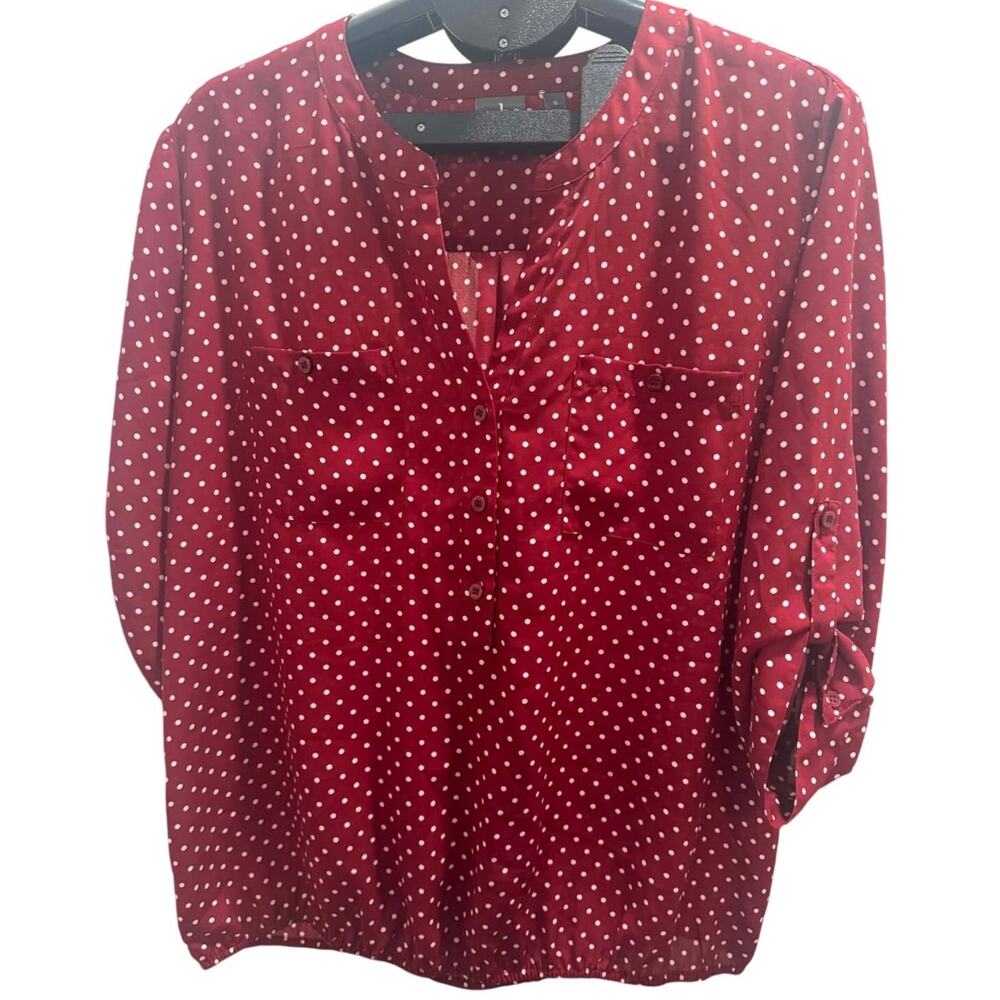 New York & Company Soho Red White Polka Dot Blouse XL